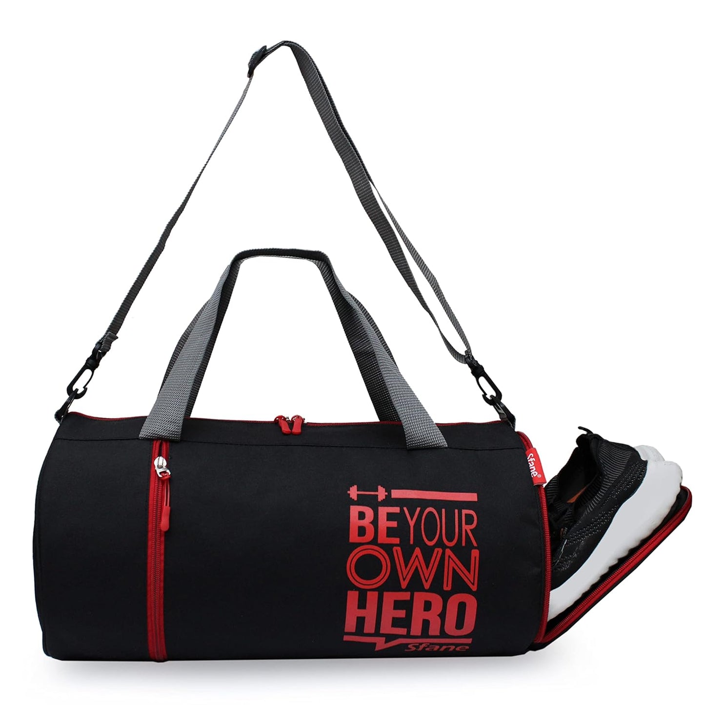 SFANE Polyester Red Duffel Gym Bag, Shoulder Bag, Sports Bag for Men & Women with Separate Shoe Compartment (Black)