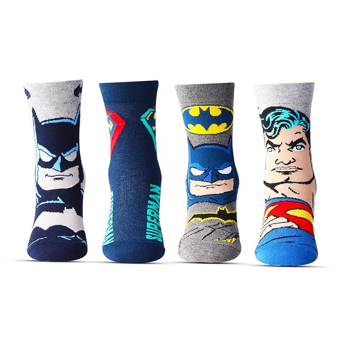 Bonjour Superman Batman Superhero Character Full Length Socks for Kids- Pack Of 4