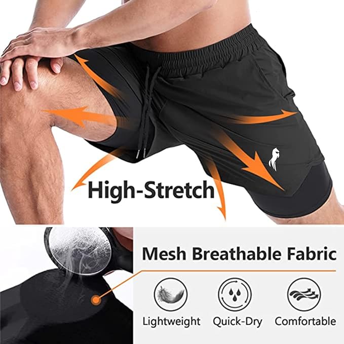 JUST RIDER 2 in 1 Running Sports Shorts for Men with Mobile Phone Pocket Light Weight Quick Dry Fabric for Gym Athletic Workout Running Shorts Lightweight Training Yoga Gym Short with Towel Loop